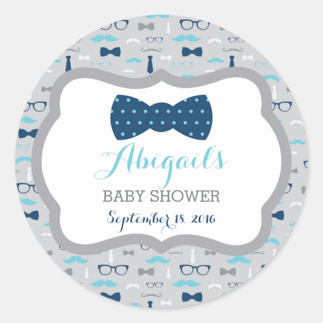 Little Man Baby Shower Sticker, Baby Blue, Navy Classic Round Sticker (Front)