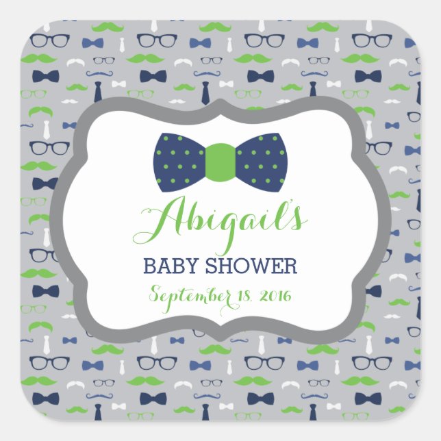 Little Man Baby Shower Sticker, Blue, Green, Grey Square Sticker (Front)