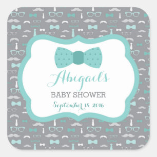 Little Man Baby Shower Sticker, Teal, Aqua, Grey Square Sticker