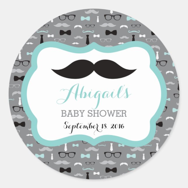 Little Man Baby Shower Sticker, Teal, Grey, Black Classic Round Sticker (Front)
