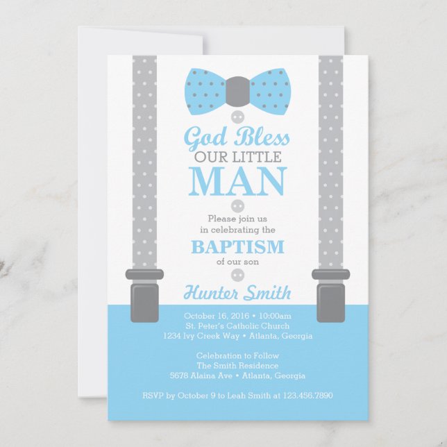 Little Man Baptism Invitation, Baby Blue, Grey Invitation (Front)