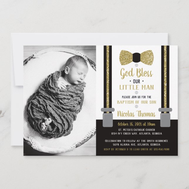 Little Man Baptism Invitation, Black, Gold Invitation (Front)