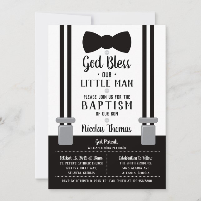 Little Man Baptism Invitation, Black, White Invitation (Front)