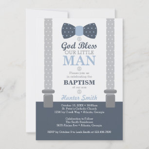 Little Man Baptism Invitation, Navy Blue, Grey Invitation