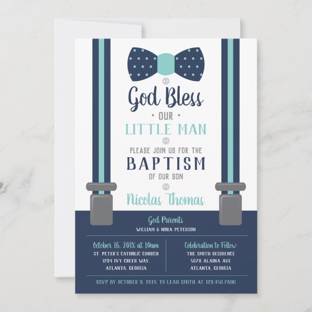 Little Man Baptism Invitation, Navy, Turquoise Invitation (Front)