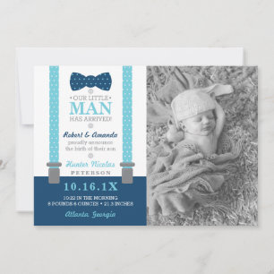 Little Man Birth Announcement, Blue, Grey Announcement