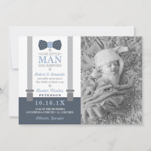 Little Man Birth Announcement, Blue, Grey Announcement