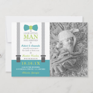 Little Man Birth Announcement, Teal, Green, Grey Announcement