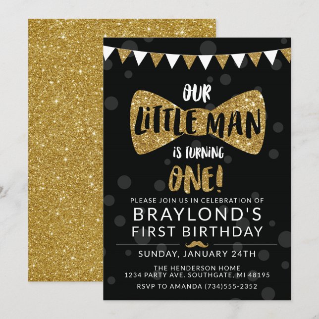 Little Man Birthday Invitation, Black & Gold Invitation (Front/Back)