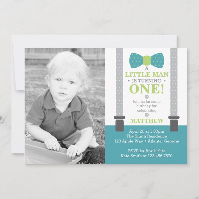 Little Man Birthday Party Invitation with Photo (Front)