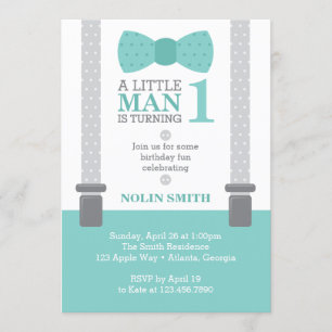 Little Man Birthday Party, Teal, Grey, Invitation