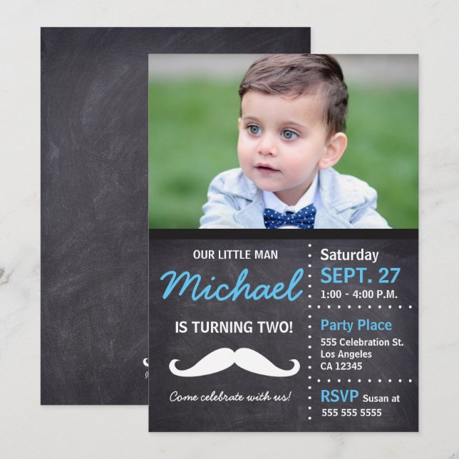 Little Man Birthday Photo Moustache Invitation (Front/Back)