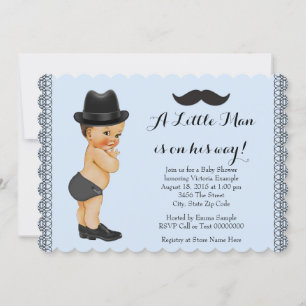 Little Man Blue and Black Moustache Baby Shower Invitation