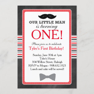 Little Man Bow Tie and Moustache Birthday (Red) Invitation