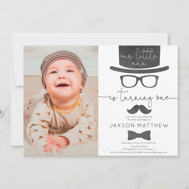 Little Man boy 1st birthday party photo Invitation (Front)