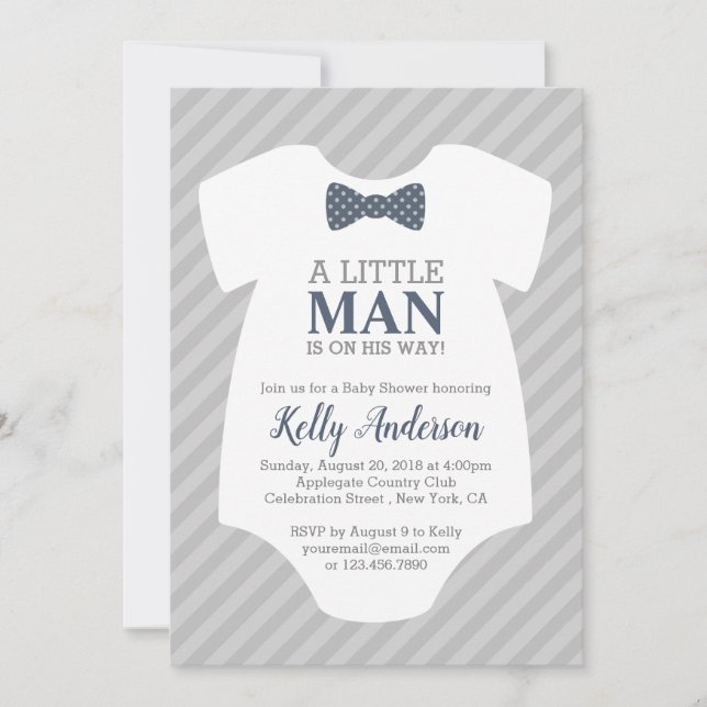 Little Man Boy Baby Shower Invitation - Blue Grey (Front)
