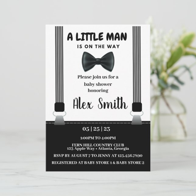 Little Man Boy Black Grey Bow Tie baby shower Invitation (Standing Front)