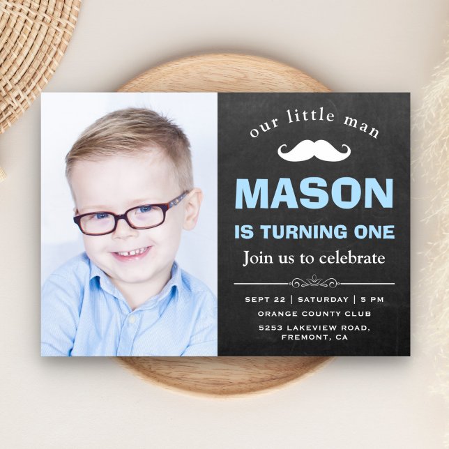 Little Man Chalkboard Moustache 1st Birthday Party Invitation (Creator Uploaded)