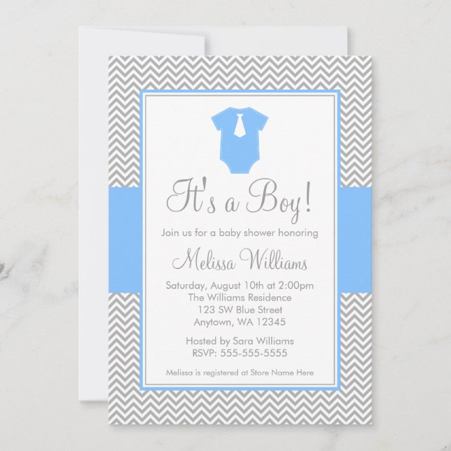 Little Man Chevron Grey Blue Baby Shower Invitation (Front)