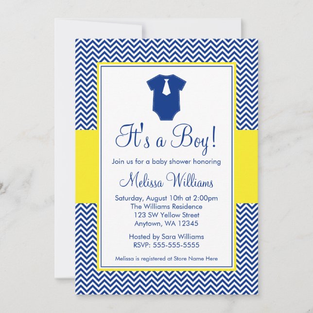Little Man Chevron Navy Blue Yellow Baby Shower Invitation (Front)