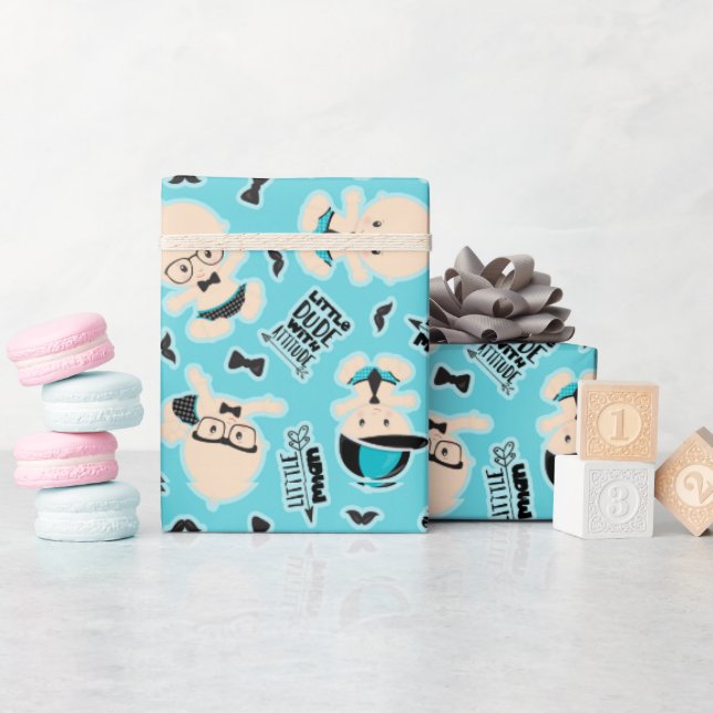 Little man dude word art pattern warty wrap wrapping paper (Baby Shower)