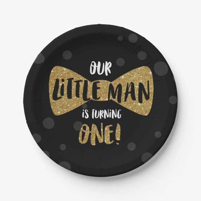 Little Man First Birthday Paper Plates, Gold Plate (Front)