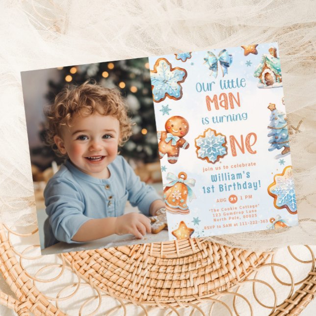 Little Man is turning One Christmas birthday photo Invitation (Creator Uploaded)