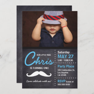 Little Man is turning one - photo, moustache, Invitation