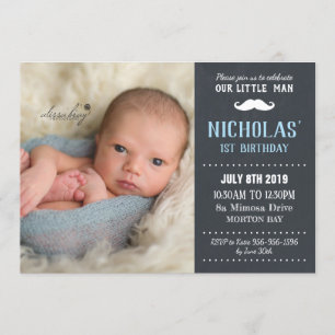 Little Man Moustache 1st Birthday Boy Chalkboard Invitation