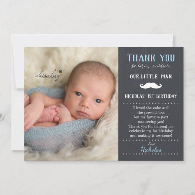 Little Man Moustache 1st Birthday Boy Chalkboard Thank You Card (Front)