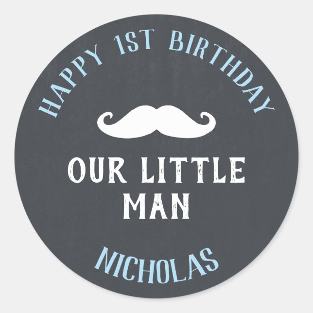 Little Man Moustache 1st Birthday Party Favor Classic Round Sticker (Front)