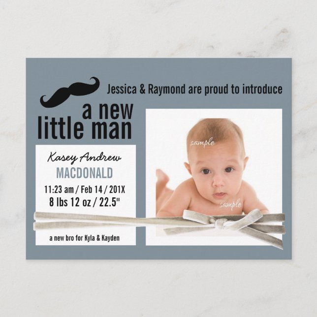 Little Man Moustache and Photo New Baby Announcement Postcard (Front)