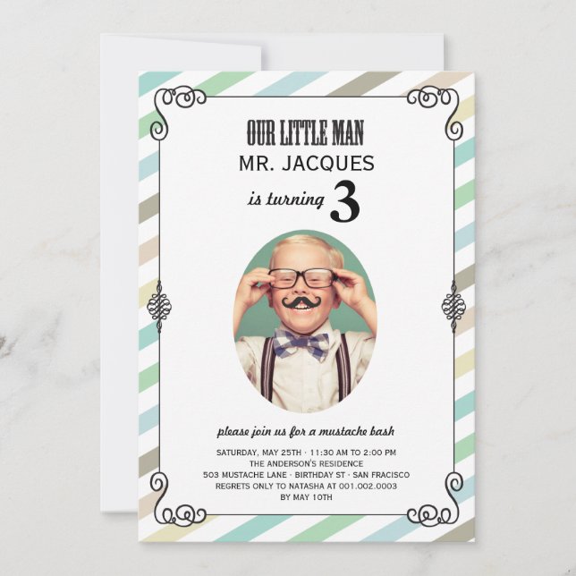 Little Man Moustache Bash Boy Birthday Party Invit Invitation (Front)