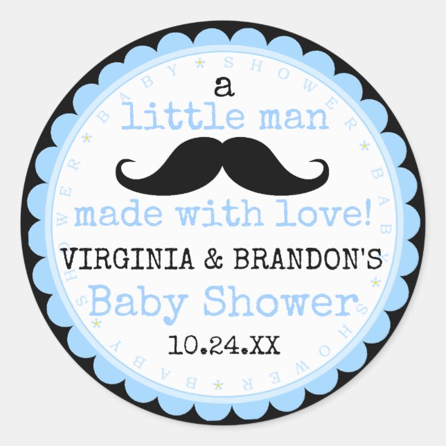 Little Man Moustache Blue Baby Shower Guest Favour Classic Round Sticker (Front)