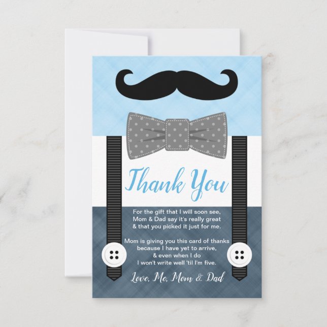 little man moustache blue navy blue boy baby showe thank you card (Front)