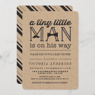 Little Man Moustache Bow Tie Kraft Boy Baby Shower Invitation