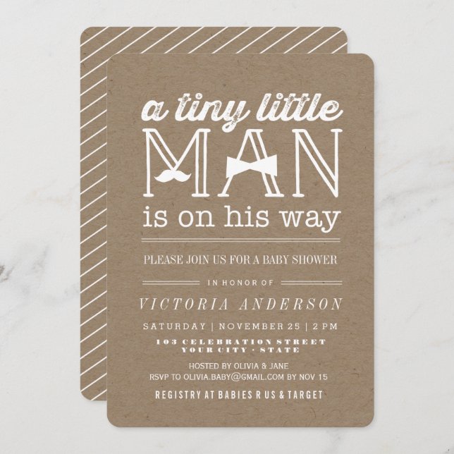 Little Man Moustache Bow Tie Rustic Boy Baby Showe Invitation (Front/Back)