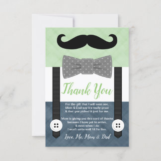 little man moustache boy green navy baby shower thank you card