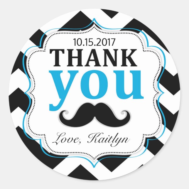 Little Man Moustache Chevron Print Thank You Classic Round Sticker (Front)