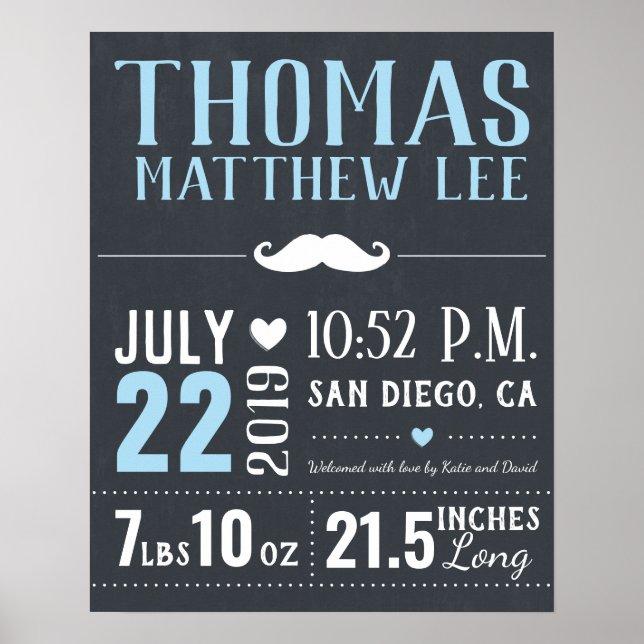 Little Man Moustache New Baby Boy Birth Stats Poster (Front)