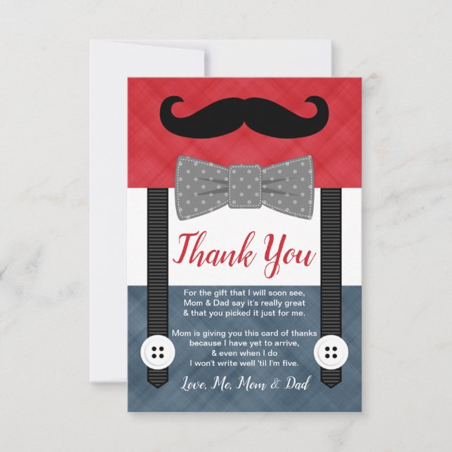 little man moustache red navy boy baby shower thank you card (Front)