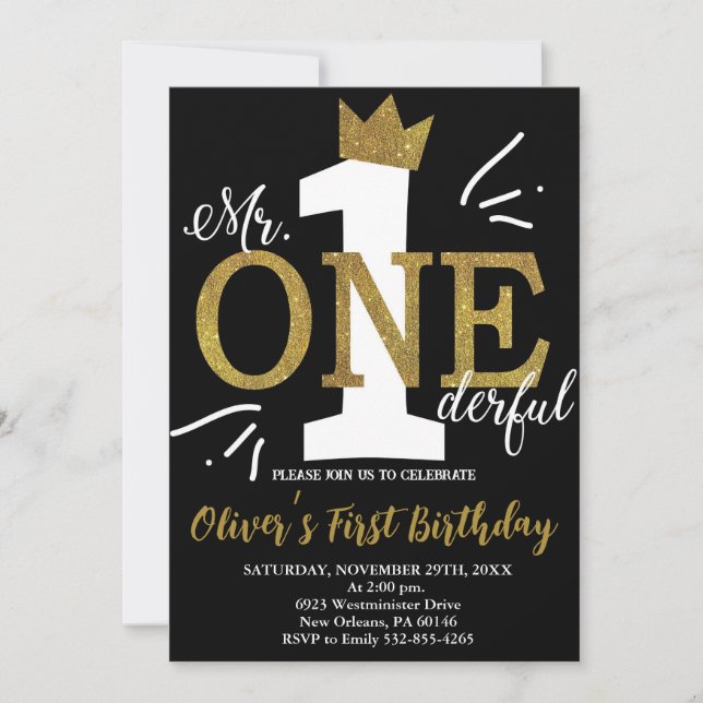 Little Man, Mr One-derful Birthday, Black & Gold Invitation (Front)