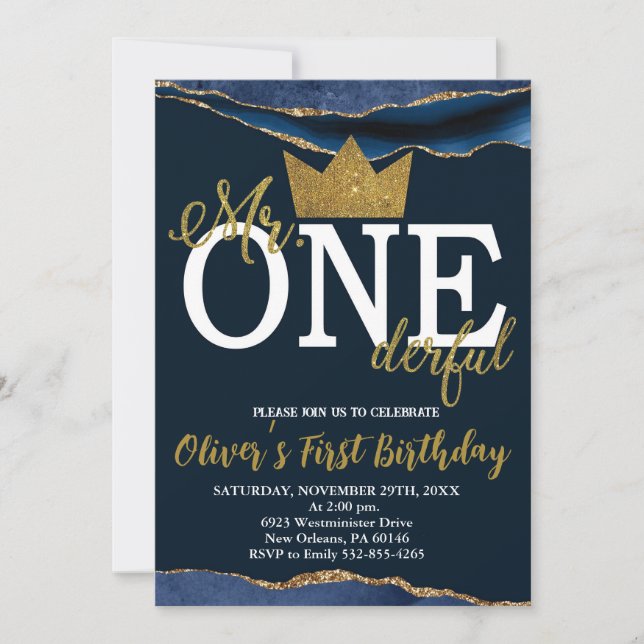 Little Man, Mr One-derful Birthday, Navy & Gold Invitation (Front)