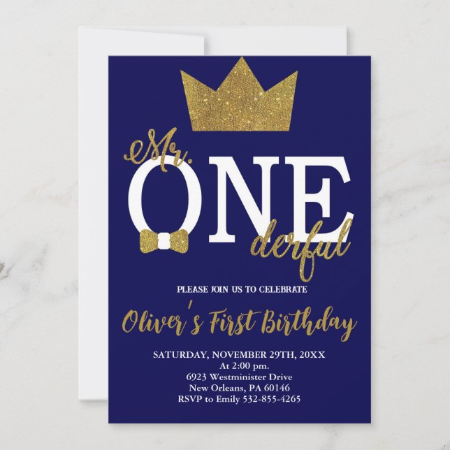 Little Man, Mr One-derful Birthday, Navy & Gold Invitation (Front)