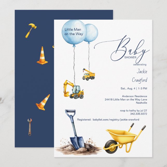 Little Man on the Way Construction Baby Shower Invitation (Front/Back)