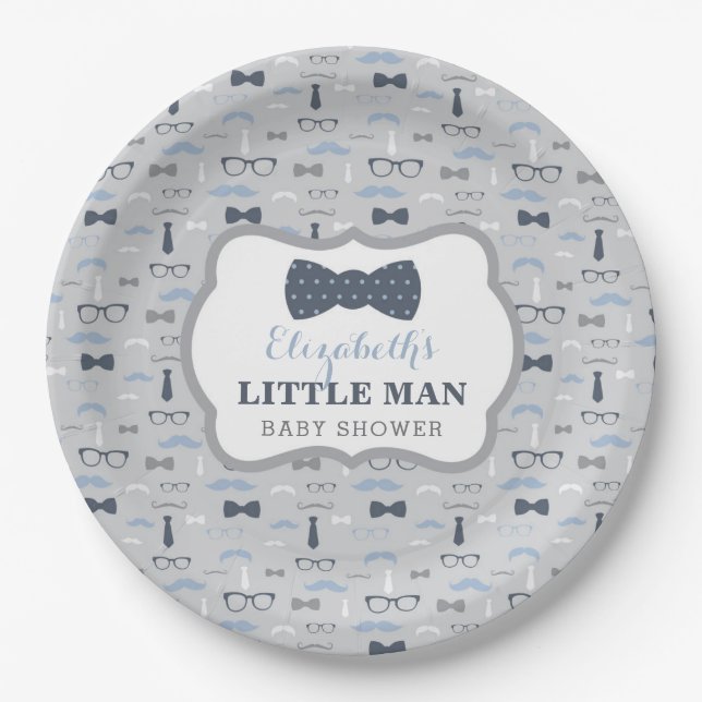 Little Man Paper Plate, Navy, Grey Plate (Front)