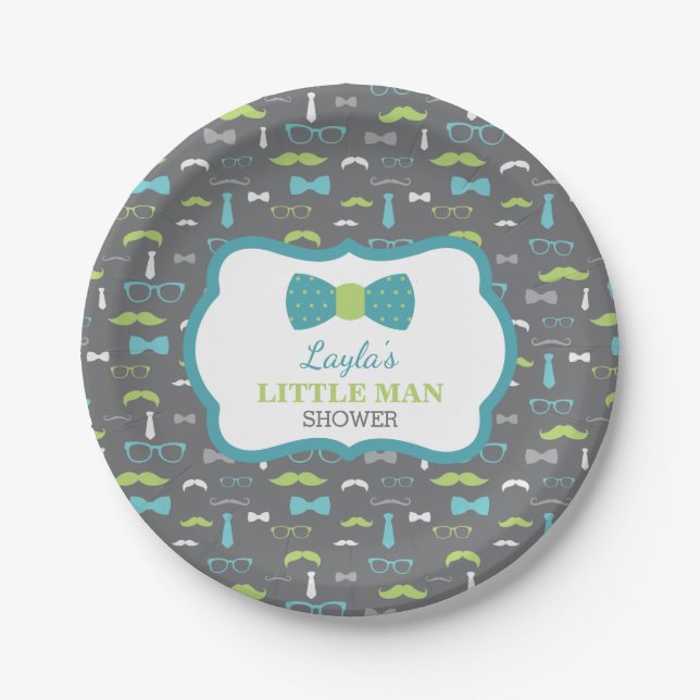 Little Man Paper Plate, Teal, Lime, Grey Paper Plate (Front)