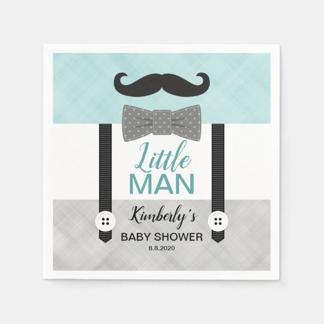 Little man suspenders green grey boy baby shower napkin (Front)