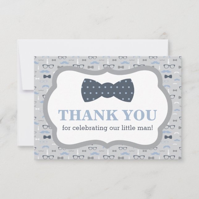 Little Man Thank You Card, Bow Tie, Blue, Grey (Front)