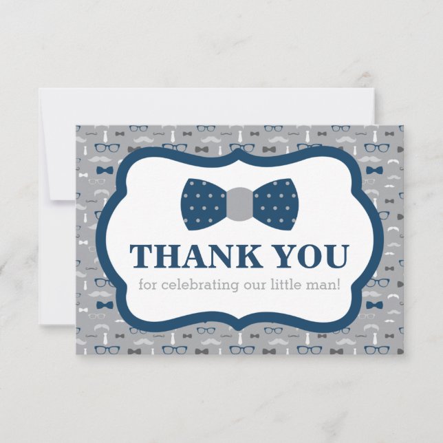 Little Man Thank You Card, Bow Tie, Navy, Grey (Front)
